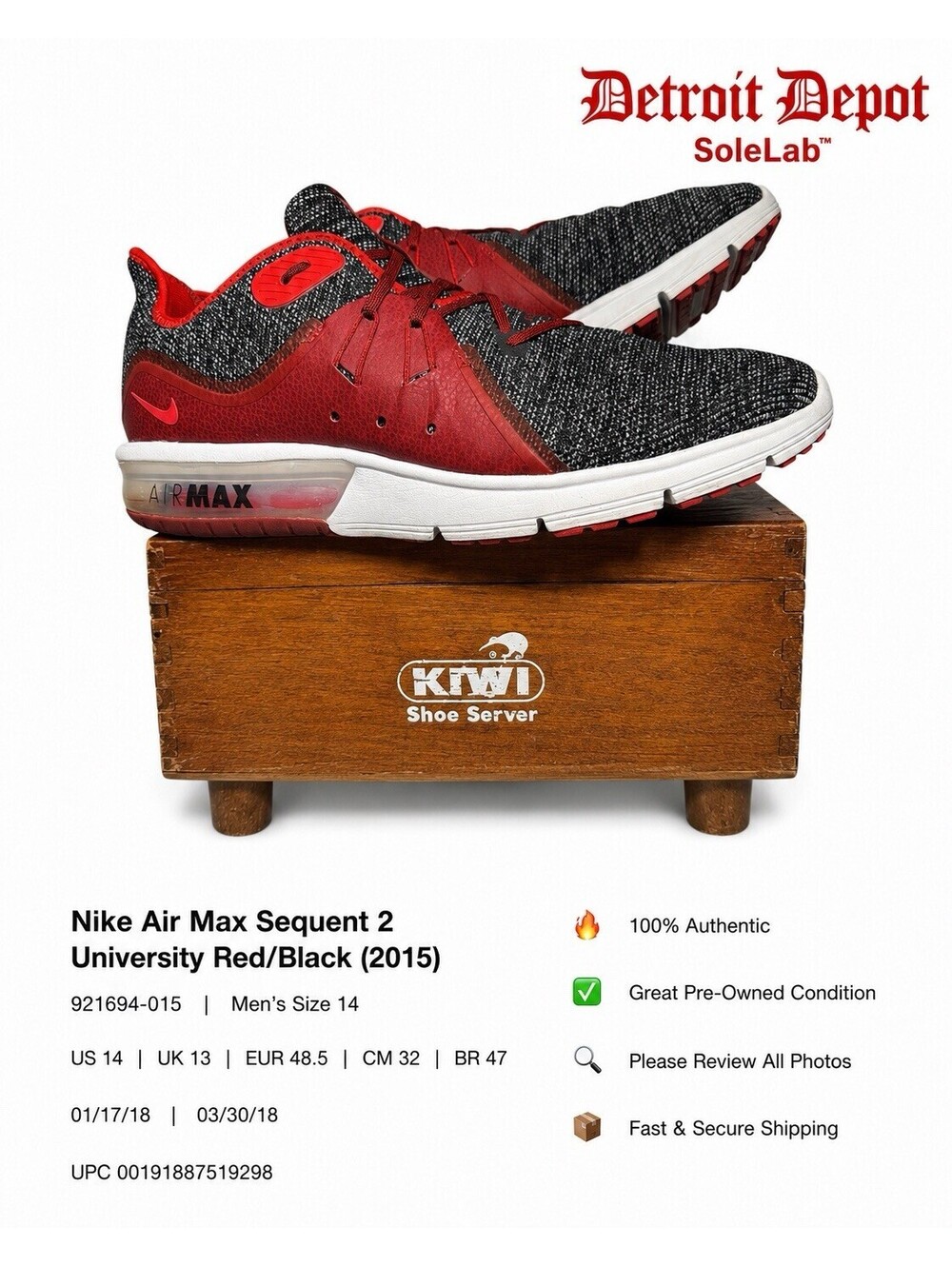 Nike Air Max Sequent 2 Red Black 921694-015 Men’s Size 14 Running Shoes